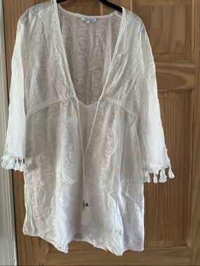blue island White Embroidered Swim Coverup with Tassels